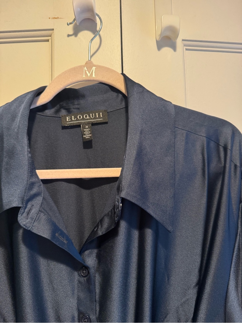 Eloquii Navy Satin Lightweight Button-Up dress with tie belt